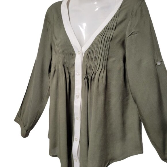 Sage Green Long Sleeve Cotton Blouse Top with White Trim  Size XS  S   M - Picture 5 of 6